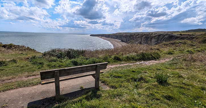 View of the North Sea and Blast Beach from a bench at Nose's Point Nature Reserve, County Durham.